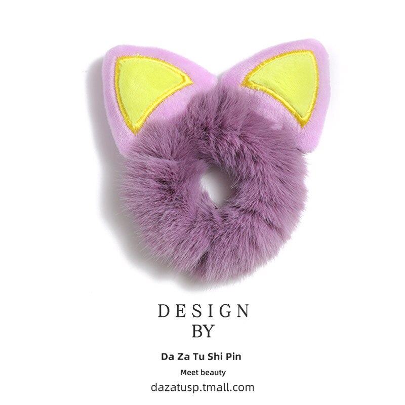 Winter Girls Cute Cartton Animals Ears Plush Scrunchie Ponytail Holder Hair Rubber Bands Headband Hair Accessories: 12