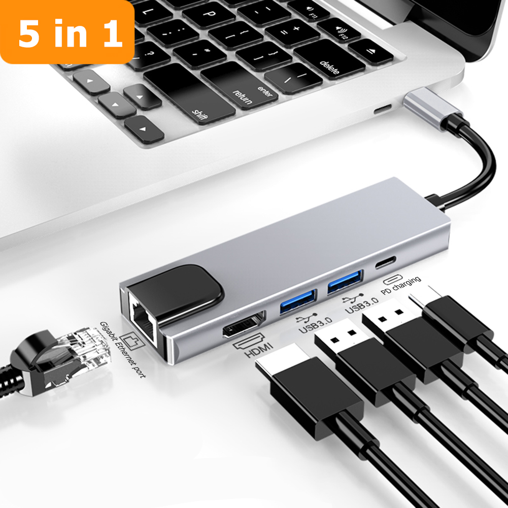 5 In 1 Usb C Hub Usb Type C Naar Multi Usb 3.0 4K Hdmi 1000Mbps Laptop RJ45 pd Opladen Adapter Dock Voor Macbook Pro