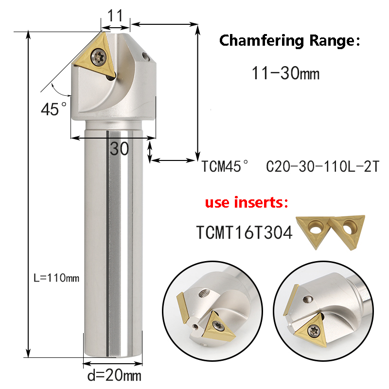 LIHAOPING TCM herramienta de chaflán de 45 grados 12 16 20 mm C20-40-120 torno CNC fresa de acero de tungsteno TCMT fresa de extremo de inserción de carburo: 29 mm