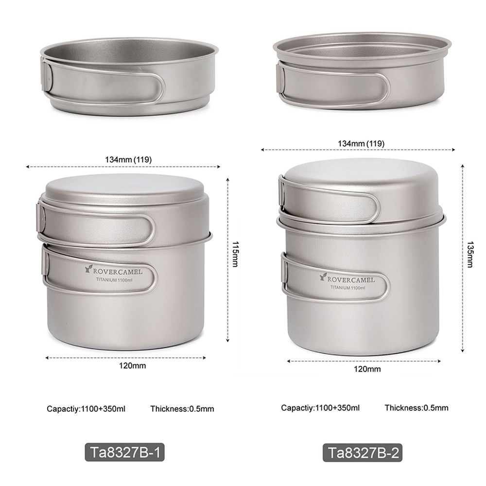 Ultralight Titanium Cook Set Outdoor Camping Kookgerei Set 1100ml Pot 350ml Koekenpan Picknick Kookgerei Servies met Vouwen handvat