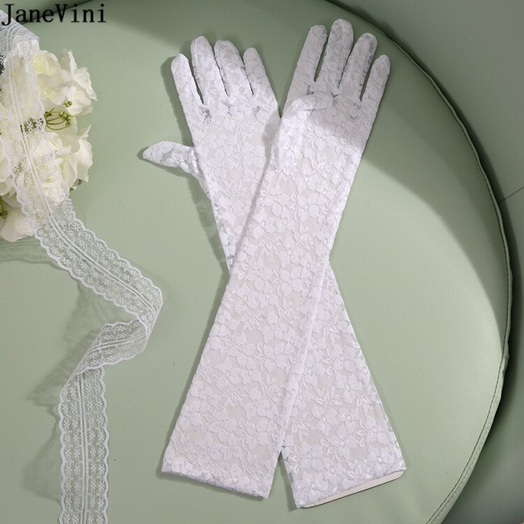 JaneVini-Guantes Blancos elegantes para mujer, manoplas de encaje para boda, longitud del codo, guantes de mano nupciales de dedo completo, accesorios de boda largos,