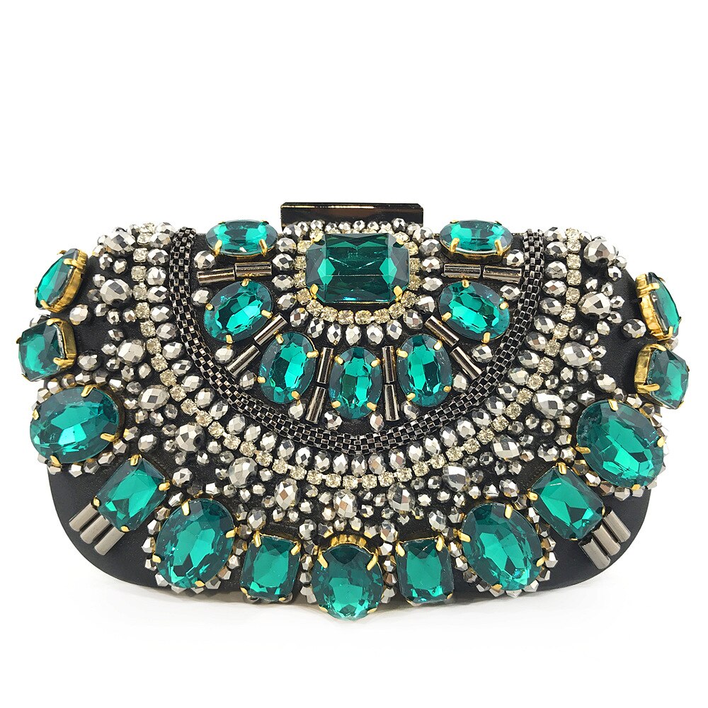 Famous Brand Women Handbags Black Crystal Evening Purse for Female Metal Clutches Beaded Bridal Wedding Box Flaps Bolsos Mujer: Green