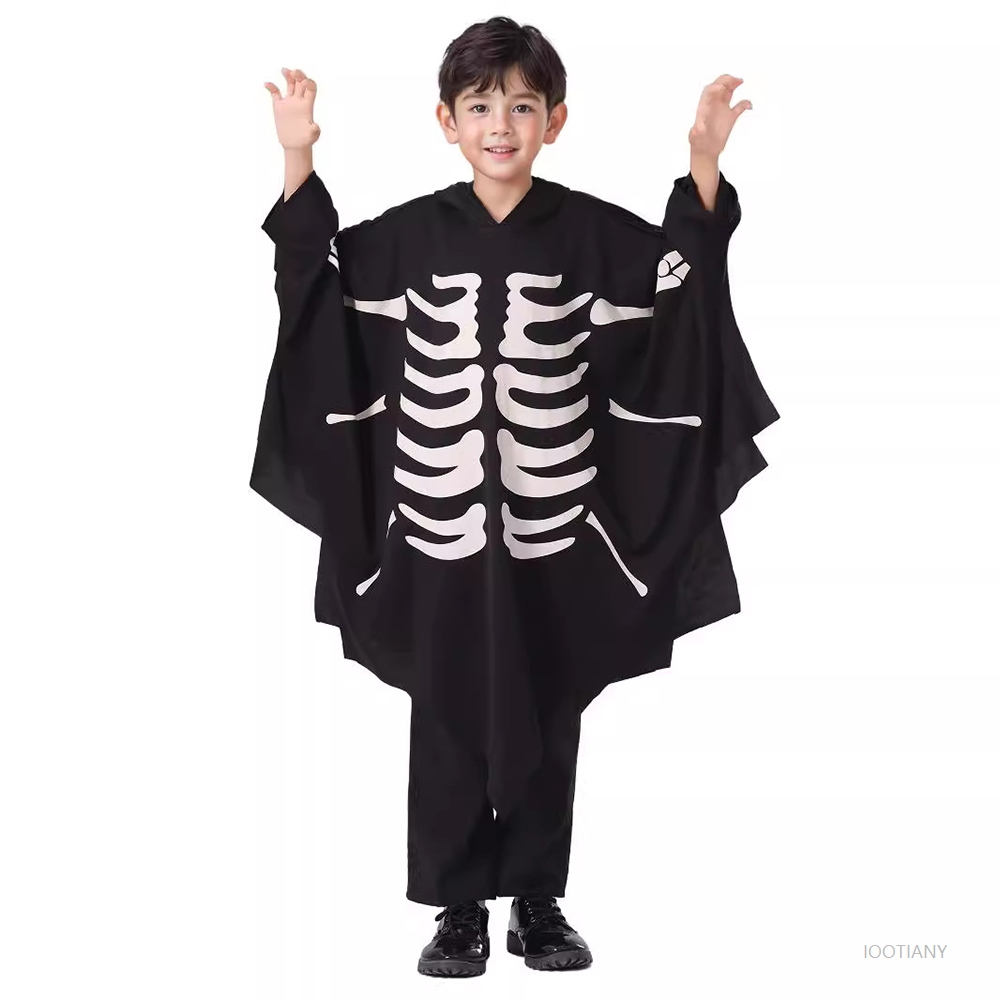 Costume di Halloween Mantello con stampa teschio Mantello luminoso per bambini Mantello con cappuccio pipistrello fantasma Costume da gioco di ruolo per spettacoli di feste
