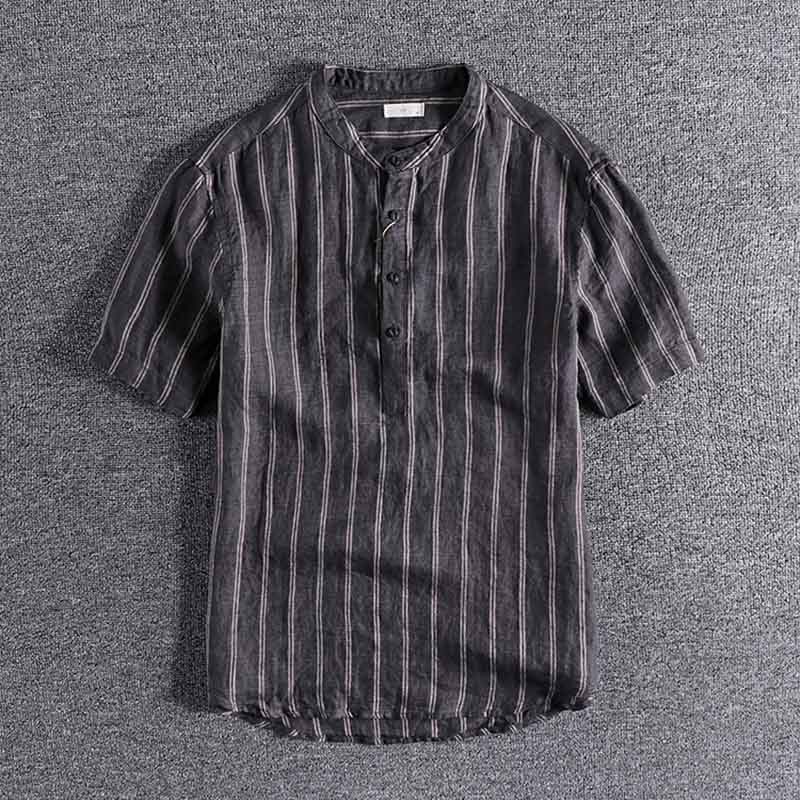 Linnen overhemd met korte mouwen heren zomer britse trend overhemd streep contrast top 02512