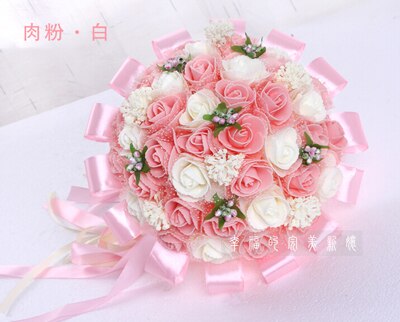 Fioletowy bukiet ślubny sztuczne 45 sztuk sztuczny kwiat róży z wstążka duży bukiet ślubny kwiaty druhny suknie ślubne uchwyt na: koral biały