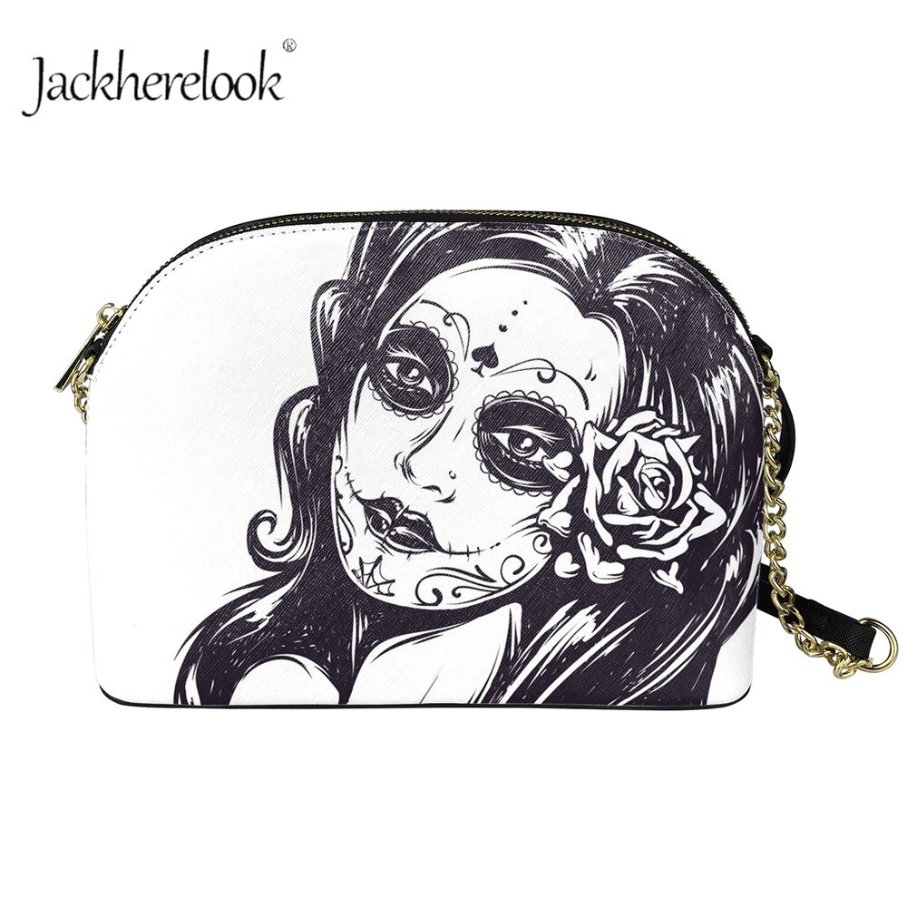 Jackherelook dames mini crossbody handtas met rits, gotisch schedelpatroon, pu leren dames outdoor schoudertas met kettingen: Hqcb 5002 d 49