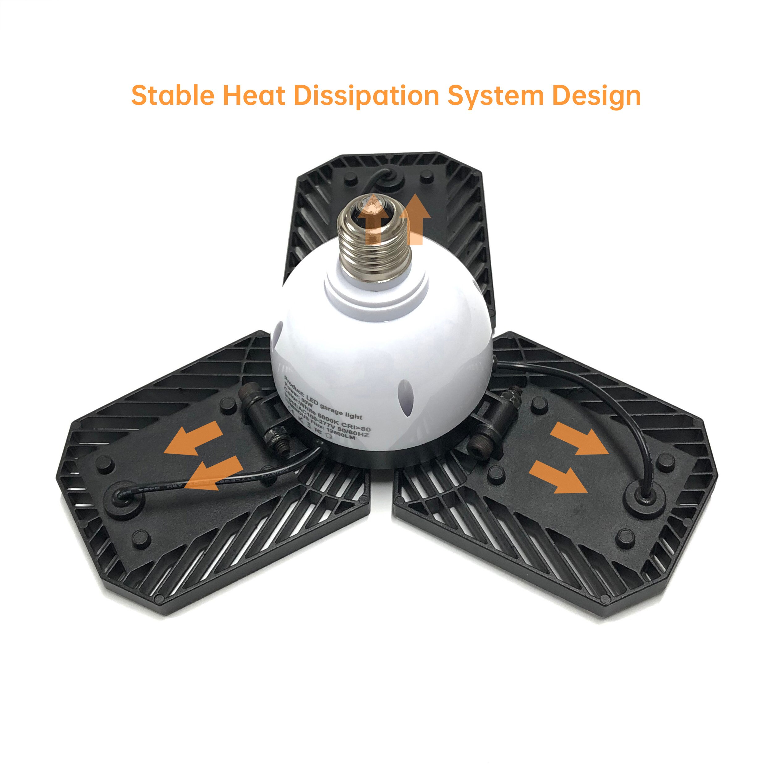 80W 9600lm 6000K E26/E27 Super Brightness Deformable LED Garage Ceiling Light with 3 Foldable Panels Flood Lights