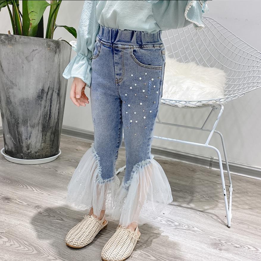 Meisjes mesh patchwork kralen denim broek lente boot cut broek kinderen cowboy broek kinderkleding  ws1474