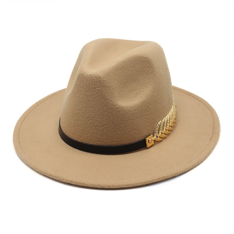 Chapeau en laine à large bord pour femme, chapeau avec chaîne de feuilles en métal, style Jazz, britannique, rétro, Fedora, à la , église, Panama, automne et hiver: Camel / Without chain