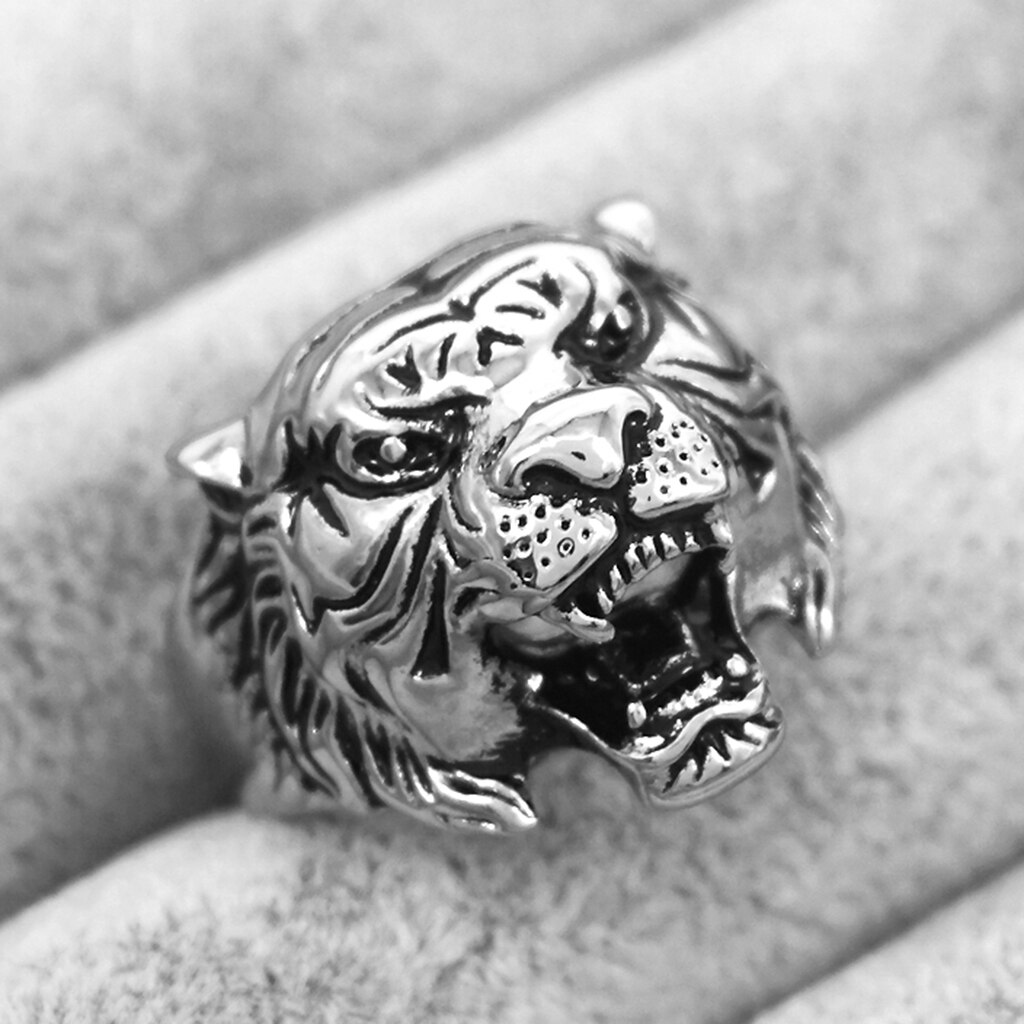 Menn vintage 316l rustfritt stål 3d tiger hode dyr ring band biker smykker
