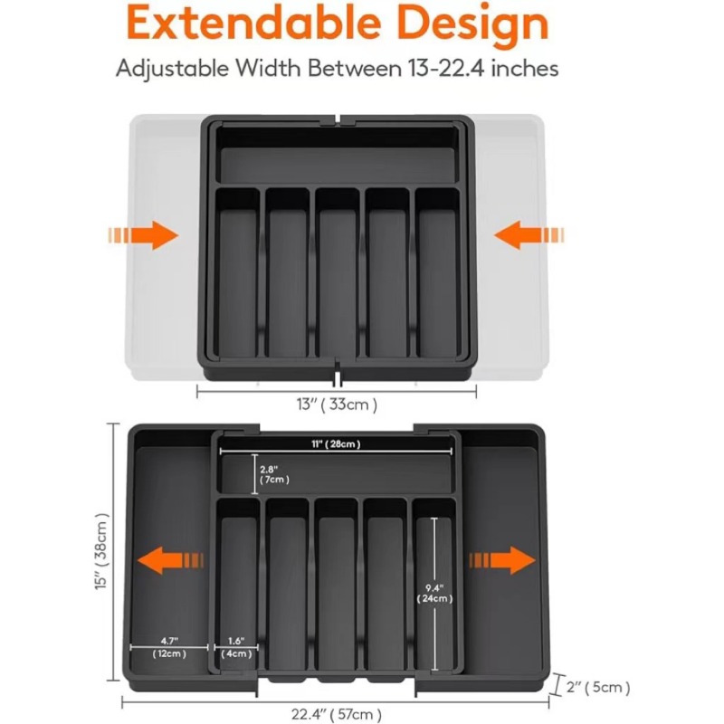 1pc Drawer Organizer Adjustable Flatware and Cutlery Holder Black Expandable Utensil Tray Storage Box Kitchen