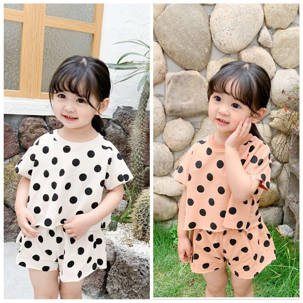 Primavera verão crianças roupas 2 pçs de malha algodão em torno do pescoço manga curta roupas da menina do bebê polka dot camiseta polka dot shorts