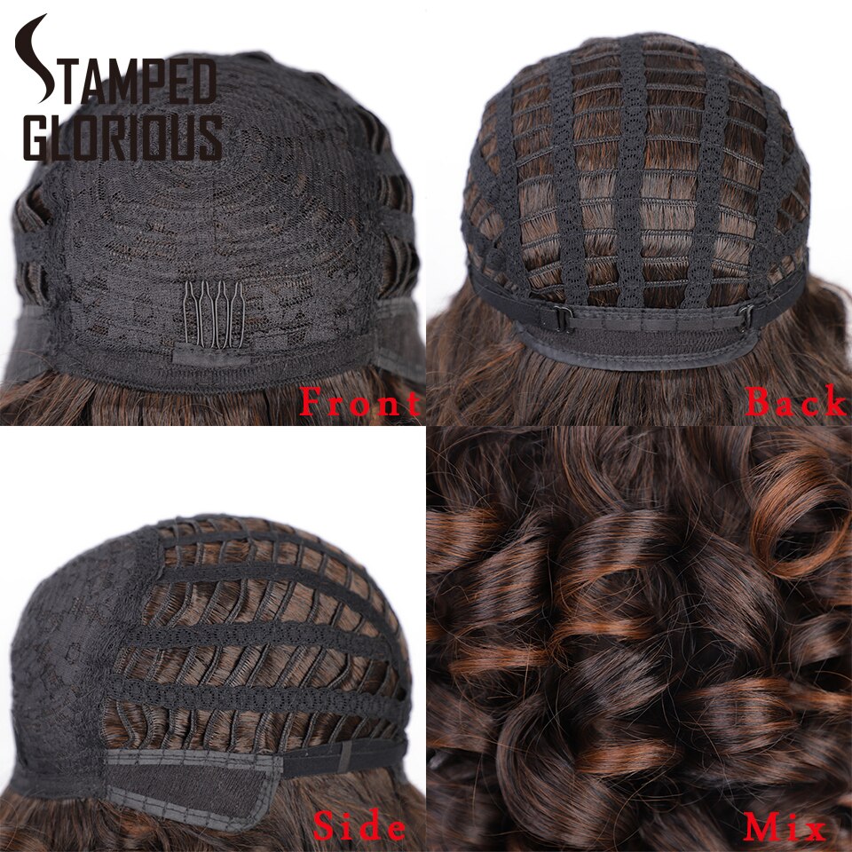 Stamped Glorious Short Afro Curl Wig with Bangs Brown Mix Black Synthetic Wigs for Women Curly Bob Wig Heat Resistant Fiber