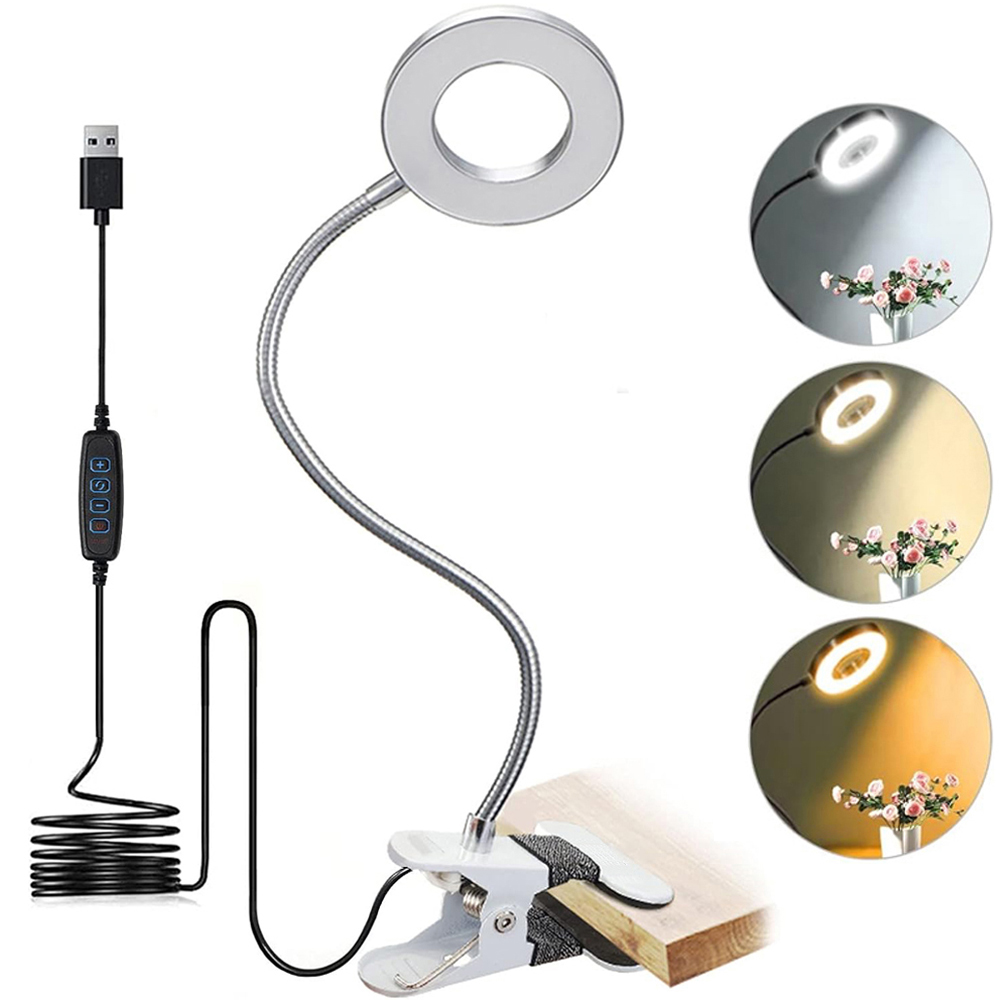 48 LED's Bureaulamp Clip USB Boeklamp Nachtkastje 360 ° Flexibele oogbescherming Zwanenhals Leeslamp Helderheid Instelbaar 3-niveau: Zilver