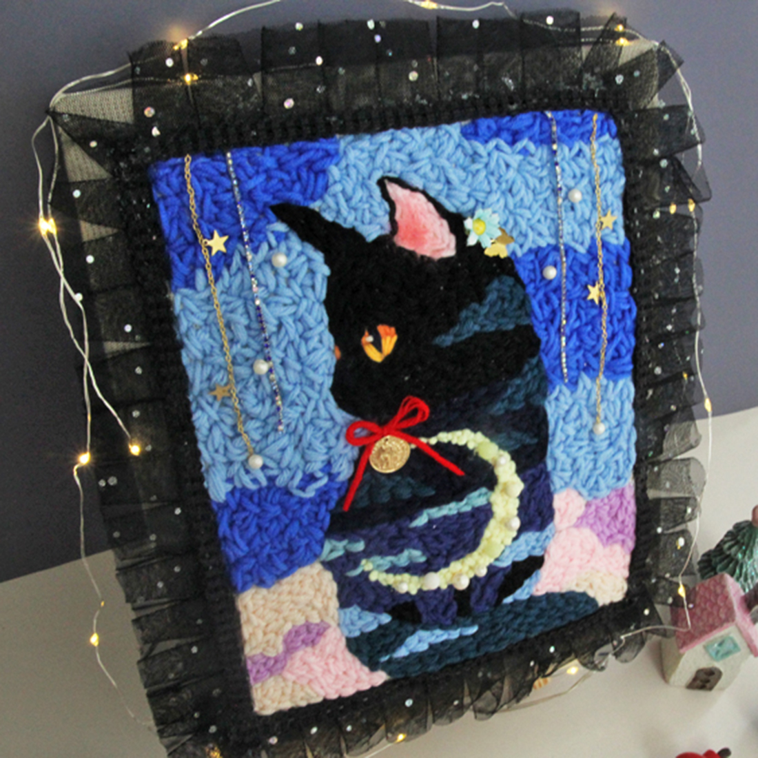 Bricolage tricot laine tapis Kit d'accrochage artisanat laine broderie cadre en bois piquer aiguille support lumière chaîne-chat forêt