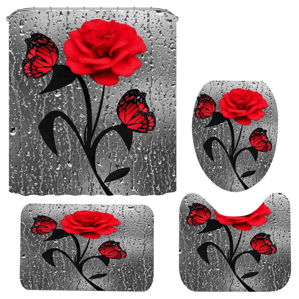 Rød rose & sommerfugl badeværelse skridsikker måttesæt holdbart vandtæt bruseforhæng sæt piedestal tæppe låg toiletdæksel bademåtte tæpper: Rød 4 stk sæt
