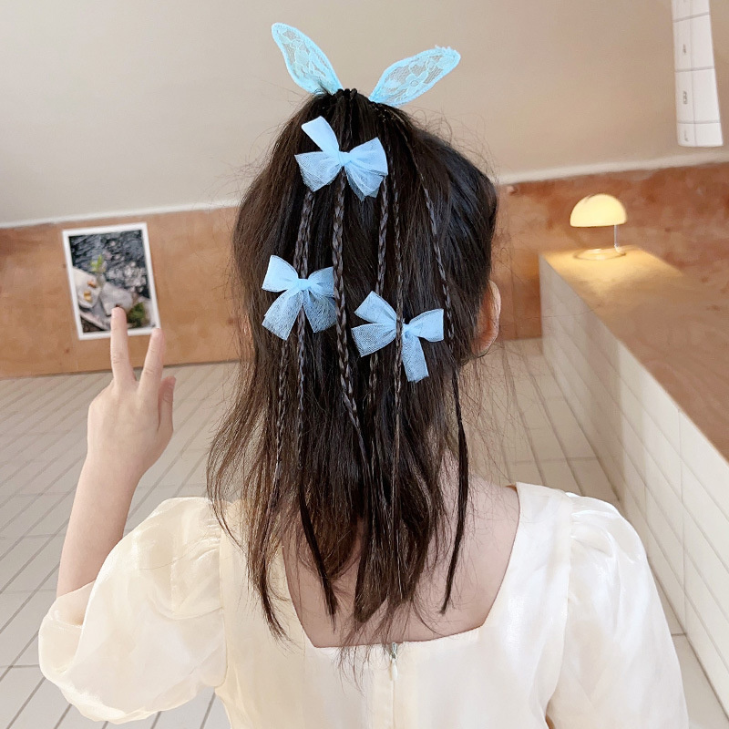 1 unidad de pelucas con Orejas de conejo y lazo para niñas, coleteros, bandas de goma, bandas para el cabello, tocados encantadores, accesorios para el cabello para niños, adorno para el cabello