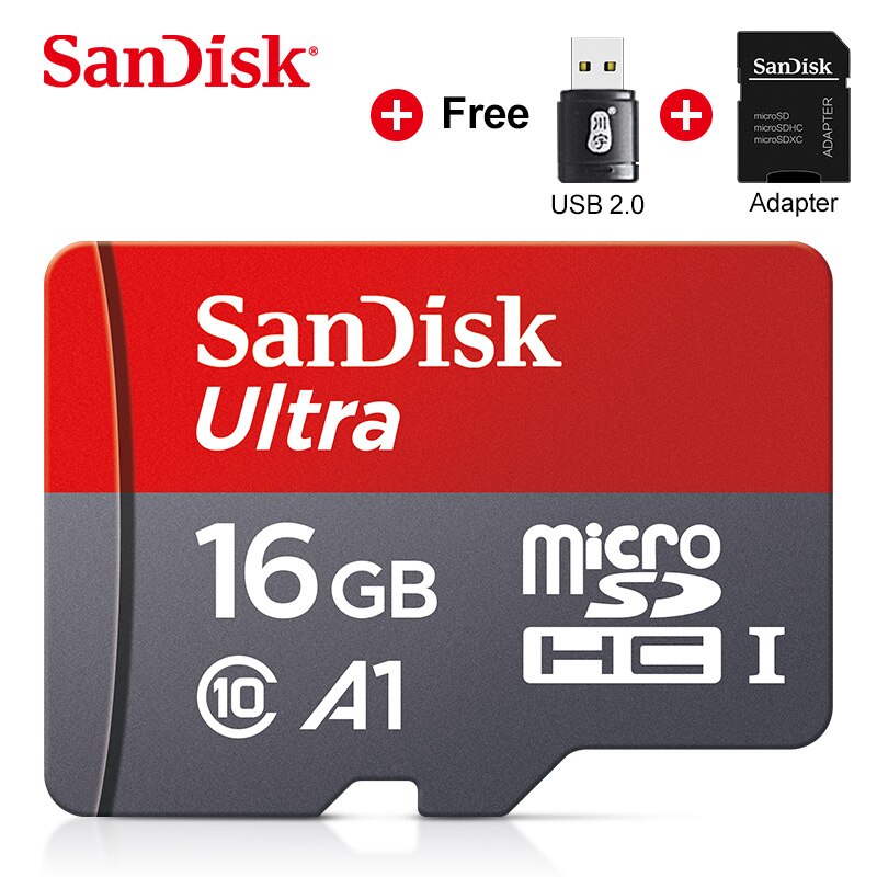 Originele Sandisk Micro Sd-kaart 16Gb 32Gb 64Gb 128Gb 256Gb Ultra A1 Microsdxc 120 Mb/s UHS-I Class10 Flash Geheugenkaart W/Adapter: 16GB USB card reader