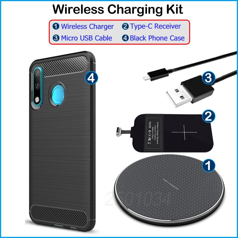 Carregamento sem fio para huawei p30 lite qi carregador sem fio + usb tipo c adaptador receptor presente macio tpu caso para huawei p30 lite: Wireless Charger Kit