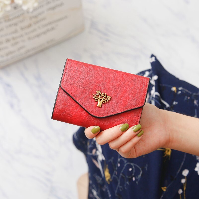 Women Wallet Retro Leather Metal Tree Wallet Student Purse Girls Mini Wallets and Purses Cute Card Holder Wallet: red