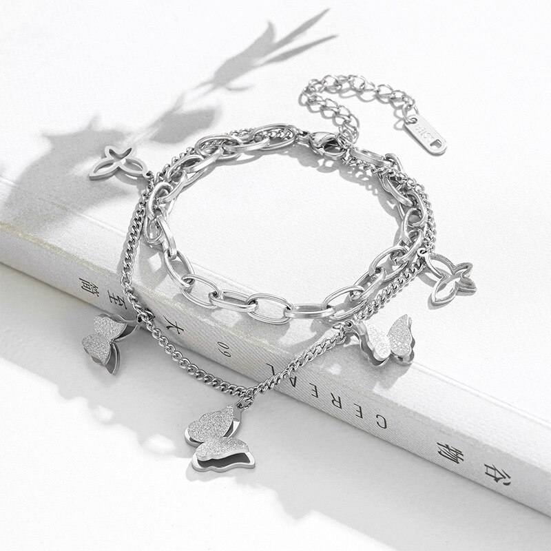 Meyrroyu Rvs 3 Kleuren Dubbele Laag Vlinder Armbanden Trendy Dikke Ketting Voor Vrouwen Party Sieraden: B418
