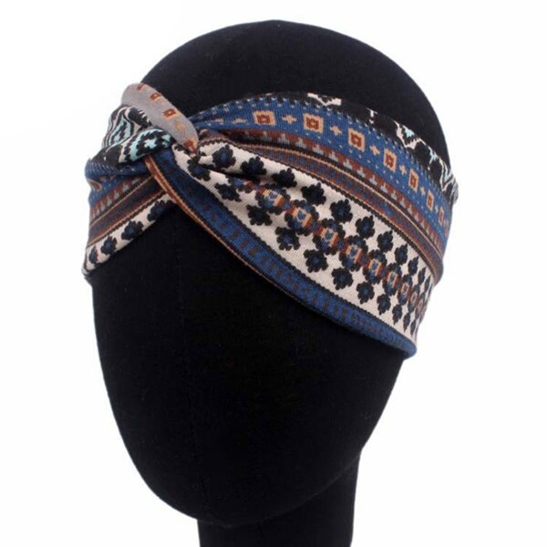 Women Ethnic Printed Cross Wide Headband Twisted Turban Elastic Hairband Beauty G99D: Navy
