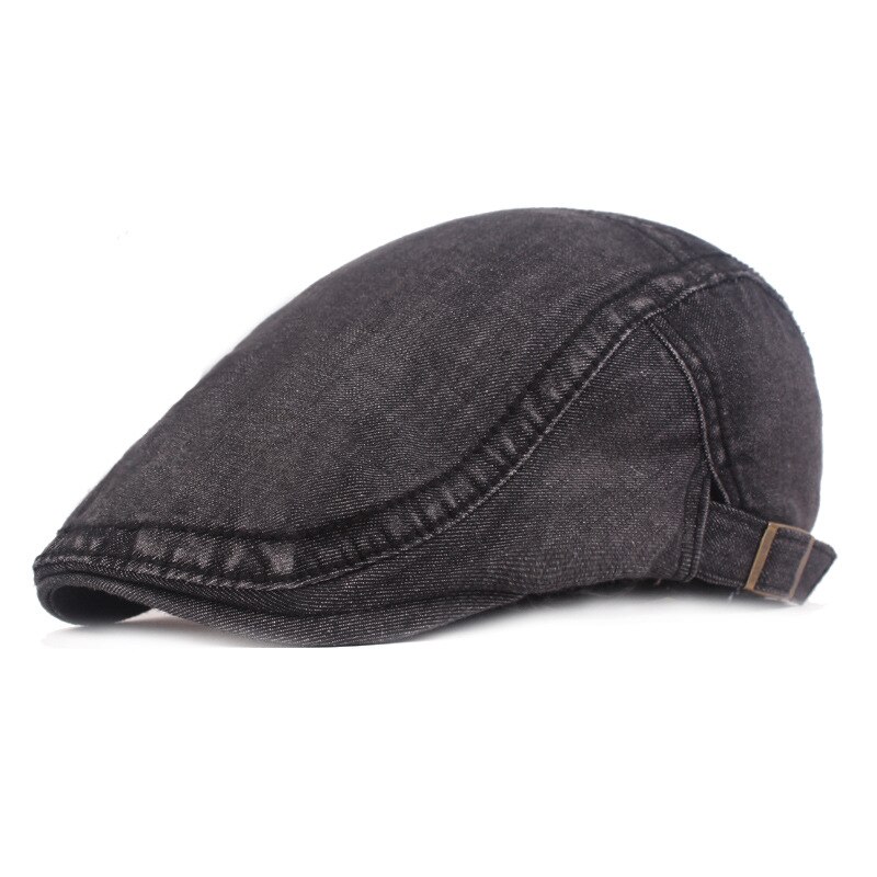 Boina vaquera para hombre y mujer, gorro de tela lavada, gorra plana con visera para conducir,: Negro