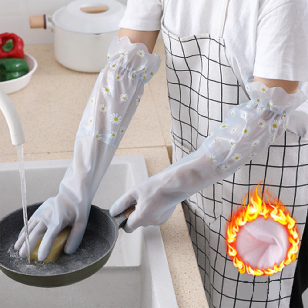 Daisy Dishwashing Clean Long Sleeve Gloves For Kitchen Dishes Clothes Cleaning Toliet Bathroom Housework Gloves: (B)Thickened 1 pair / L
