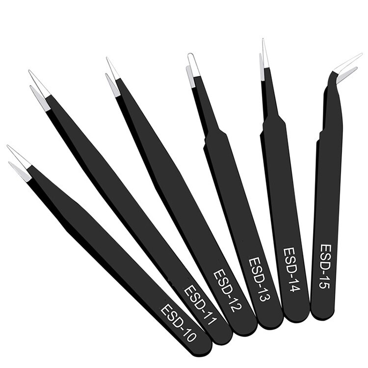 6pcs Anti-static ESD Stainless Steel Tweezers Maintenance Tools Industrial Precision Curved Straight Tweezers Repair Tools