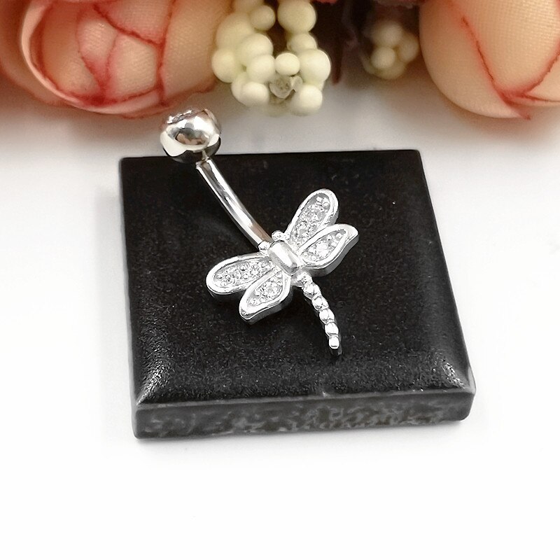 925 Sterling Zilver Zirkoon Dragonfly Insect Body Piercing Sieraden Belly Button Rings Mannen Vrouwen Navel Dance 1.5 Mm Dikke