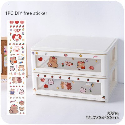 MINKYS Kawaii ABS Drawer Desktop Organizer Desk Storage Box With DIY Free Sticker School Stationery Accessories: 33.7cm x 24cm x22cm