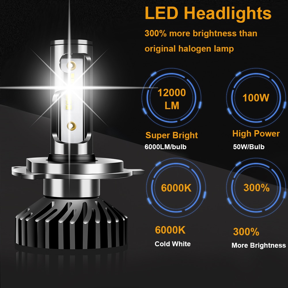 Uttril Canbus H4 LED H7 LED H1 H3 H8 H9 H11 9005 HB3 9006 HB4 880 881 H27 LED Car Headlight 100W 12000LM ZES 6000K No Error 12V