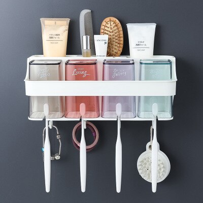 Punch-livre fixado na parede suporte de escova de dentes lavagem conjunto de copo da boca do banheiro copo escova de dentes do agregado familiar copo de creme dental squeezer rack: C