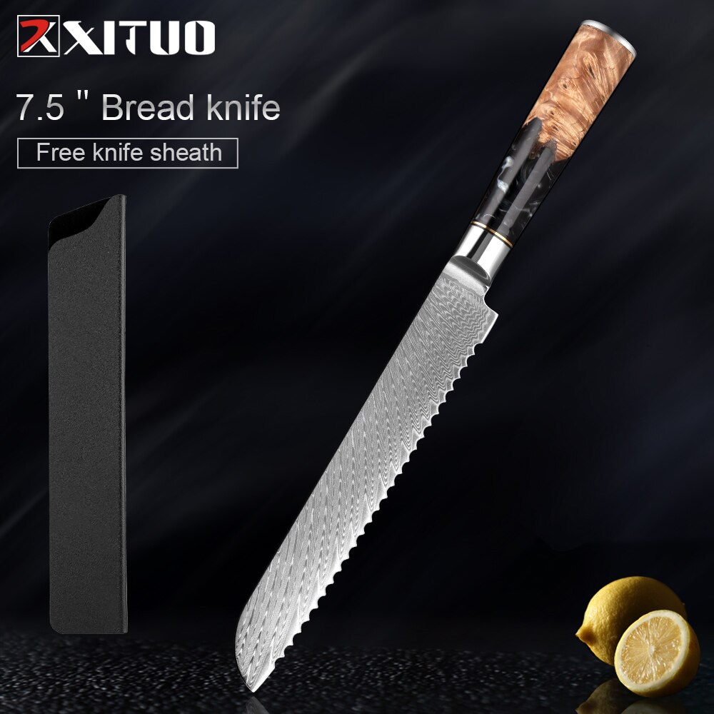 XITUO – ensemble de couteaux de cuisine en acier damas, couteau de chef japonais, couperet à pain utilitaire en résine et manche en bois stabilisé: 8 inch Bread knife