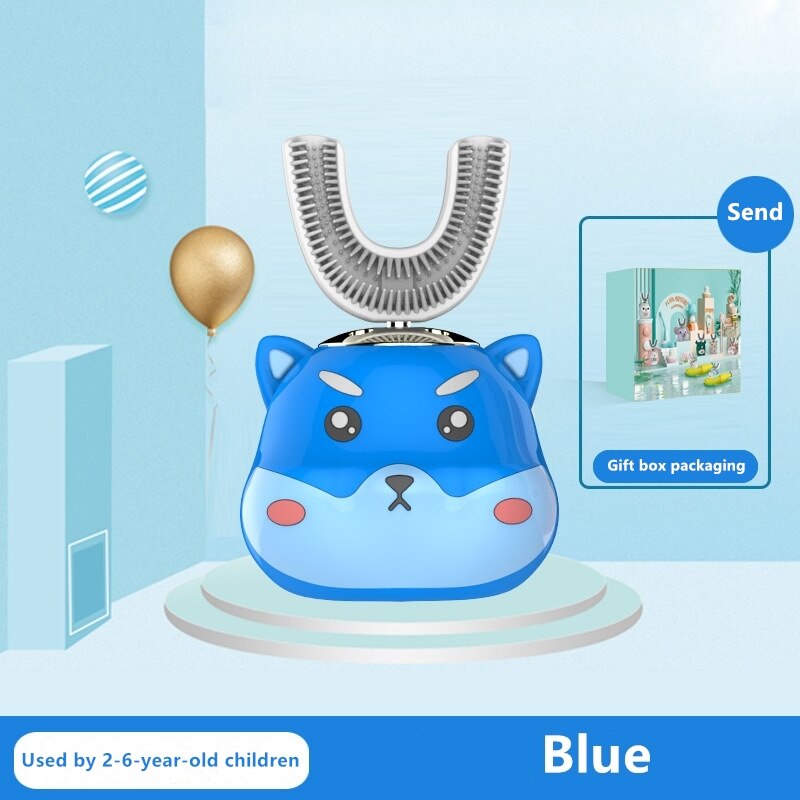 Cepillo de dientes eléctrico ultrasónico de grado alimenticio cabezal de cepillo de silicona para niños 360 grados de dibujos animados Linda mascota en forma de U cuidado de los dientes: blue2-6