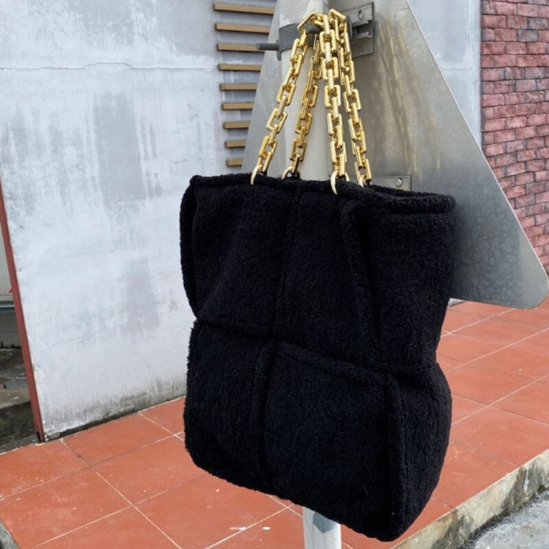 Sac à main en fausse fourrure pour femmes, sangle avec chaîne épaisse, couleur unie, sac à main pour voyage, HP002, hiver,