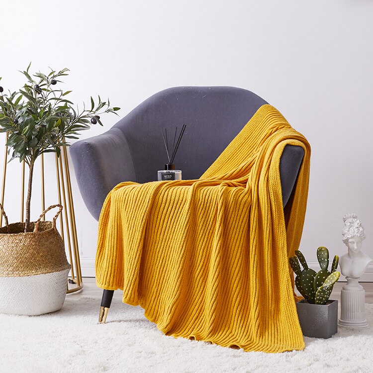 Grå filt soffstickad sofffilt gul mjuk rand kabelstickad filt resa 130 x 180cm hemsoffa stol bäddsoffa 50 " x70 ": Gul