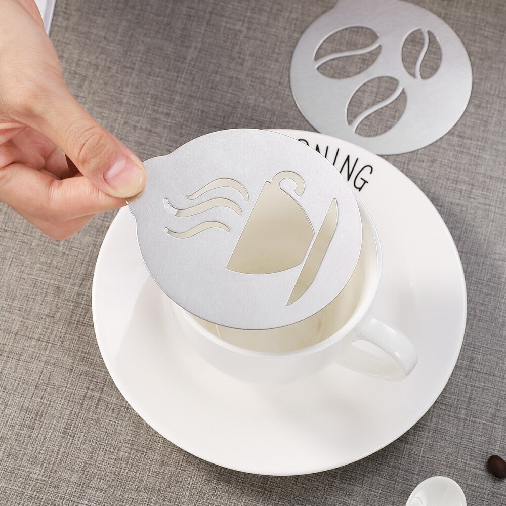 Bestonzon 5 stuks roestvrijstalen koffiesjablonen, barista-cappuccino-sjablonen, koffiekransvorm, taartdecoratiegereedschap