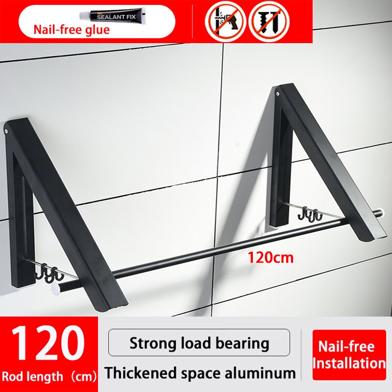 Wall Clothing Hanger Outdoor Folding Drying Rack Telescopic Rack For Clothes Horse Clothesline Balcony Hook Rail Clothes Rods: Nailless Black120cm
