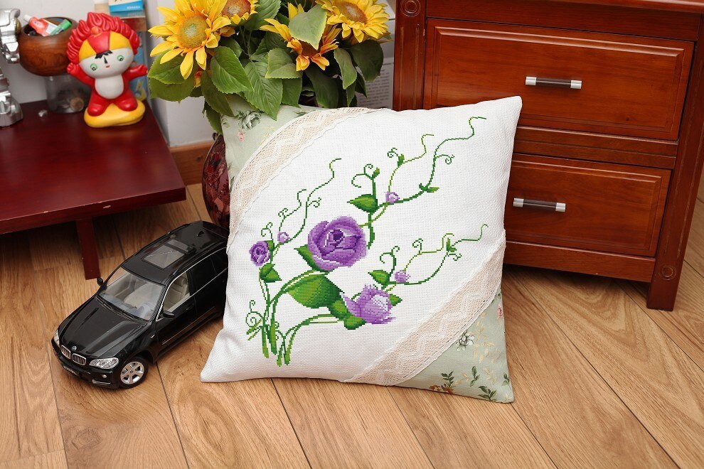 Kit de bordado artesanal de flores rosas, funda de almohada de hilo acrílico, tapiz de lona, Fundas de cojín de costura,: purple