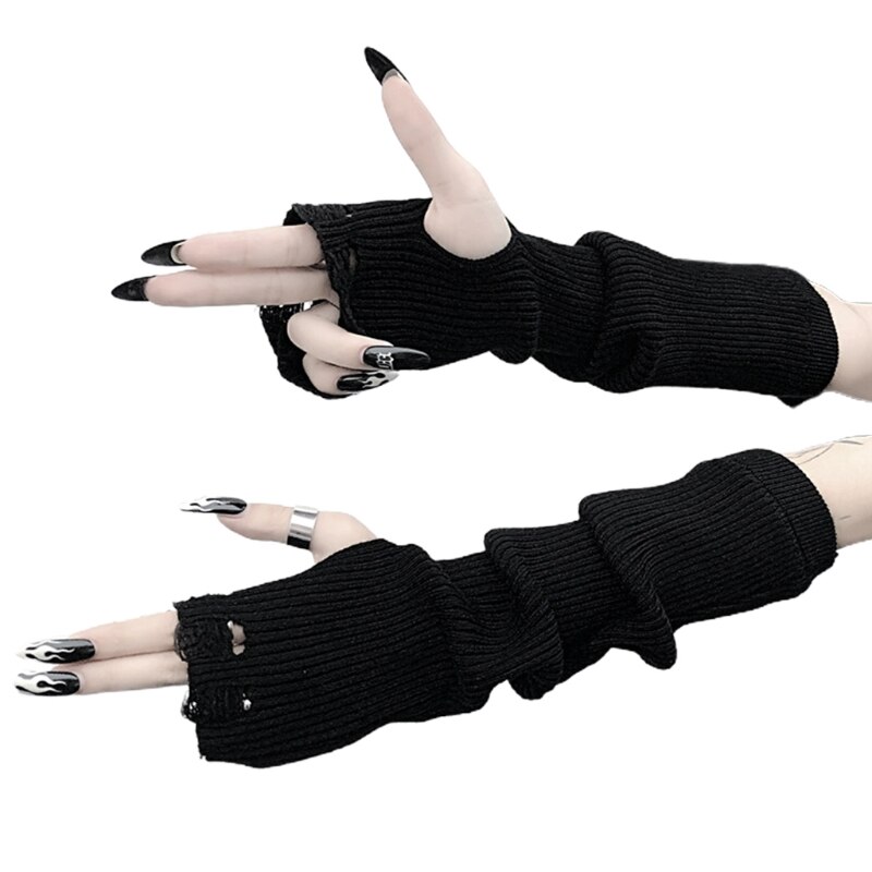 Gants noirs en tricot côtelé pour femmes, gothique, Punk, Harajuku, trou déchiré, longueur du coude, mitaines, Anime Cosplay, chauffe-bras H7EF