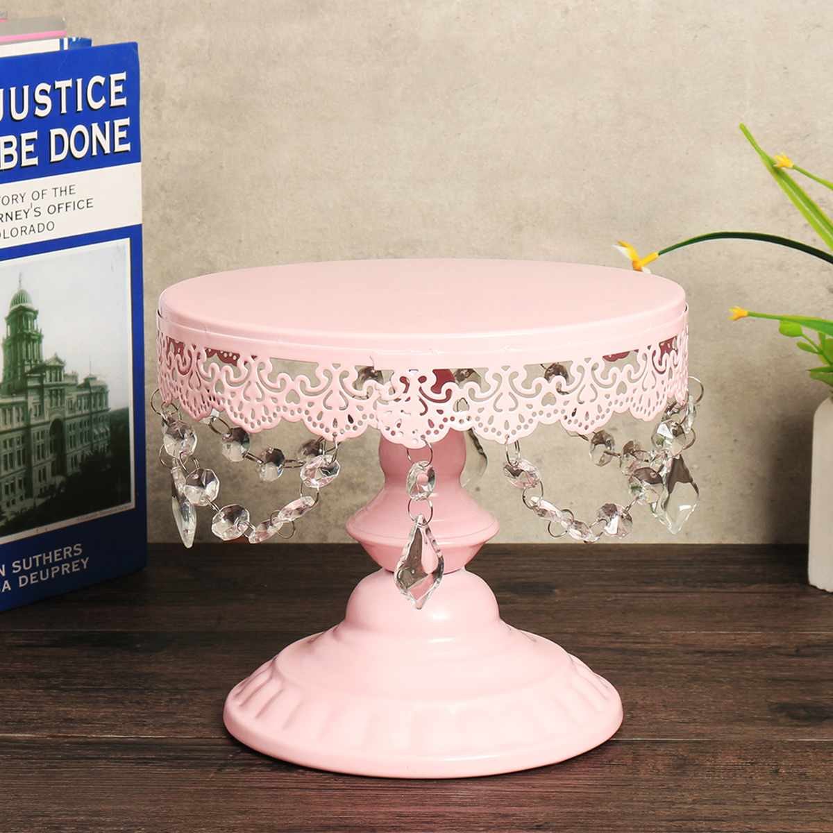 Cake Tools Pink Iron Crystal Pendant Cake Stand Mirror Surface Wedding Dessert Tray Cupcakes Fruits Cookies Pan Display Rack
