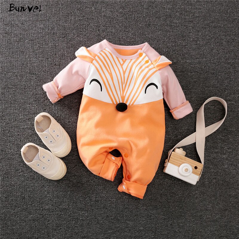 Bunvel Frühling Infant Baby Mädchen Jungen Overall Langarm Strampler Cartoon Fuchs Muster Neugeborenen Kostüm Outfits: Pink Orange / 6-9M 73