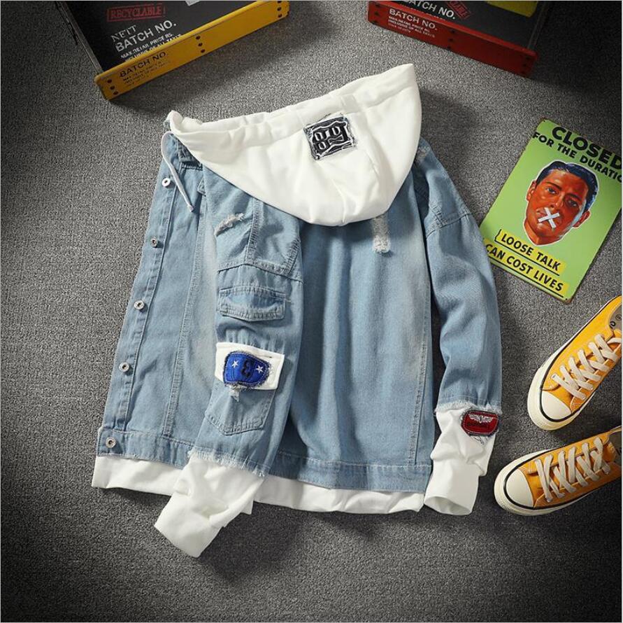 Lente heren spijkerjas met capuchon los casual persoonlijkheid stiksel patch straat trend