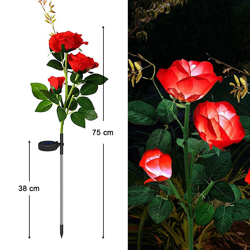 Solcelle Rose Blomsterlampe LED - Vandtæt Have Dekoration Udendørs - Landskab Græsplæne Lampe: Rød -3 hoved