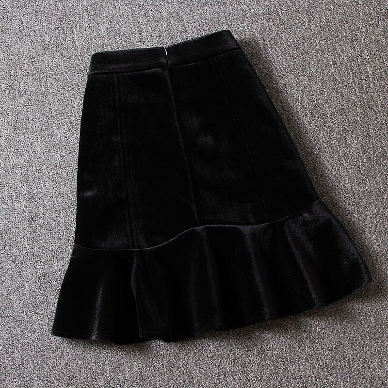 LY VAREY LIN – Mini jupe en velours pour femme, automne hiver, boutons élégants, volants, Slim décontracté, taille haute, ligne a, noire