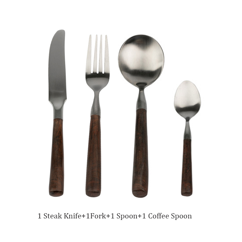 Retro Wooden Handle Dinner Knife Fork and Spoon 304 Stainless Steel Steak Knife Fruit Fork Coffee Tea Spoon Cutlery Set: Pink