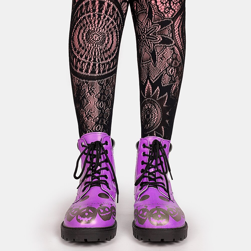 DoraTasia-botines con calavera morada para mujer, botas cortas de tacón grueso para Festival, zapatos de calle informales