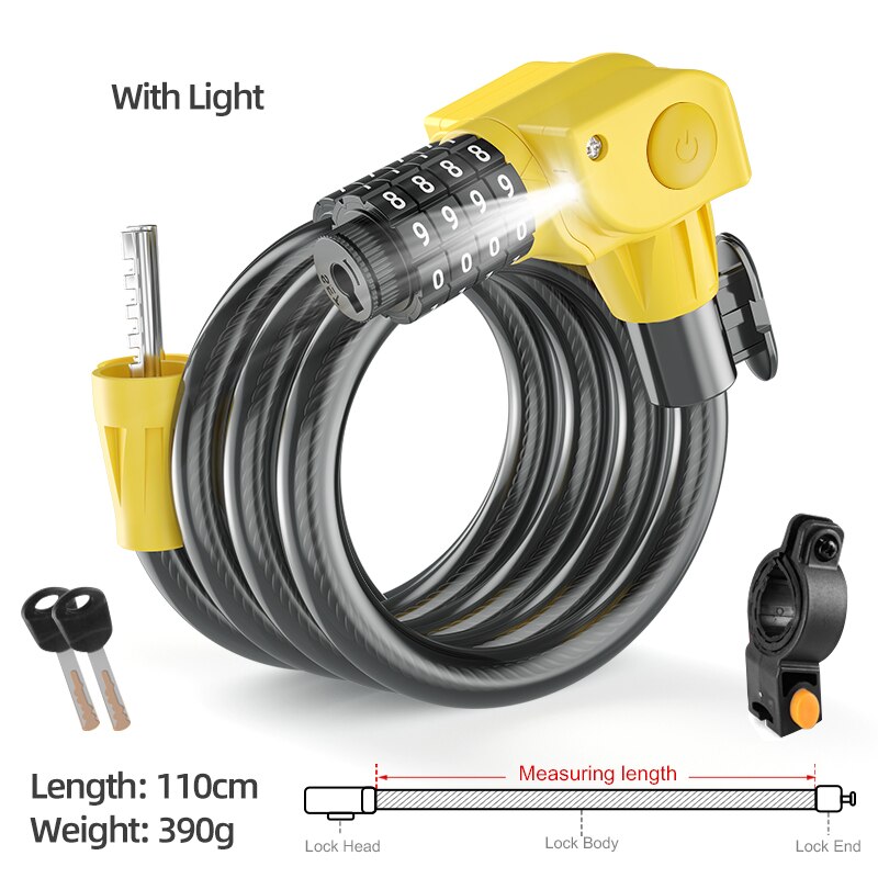 Xunting Bike Lock with Light Combination Keys Anti-theft Mountain Bike Lock General Bicycle Steel Cable Lock LED Luminous Locks: yellow light 110cm