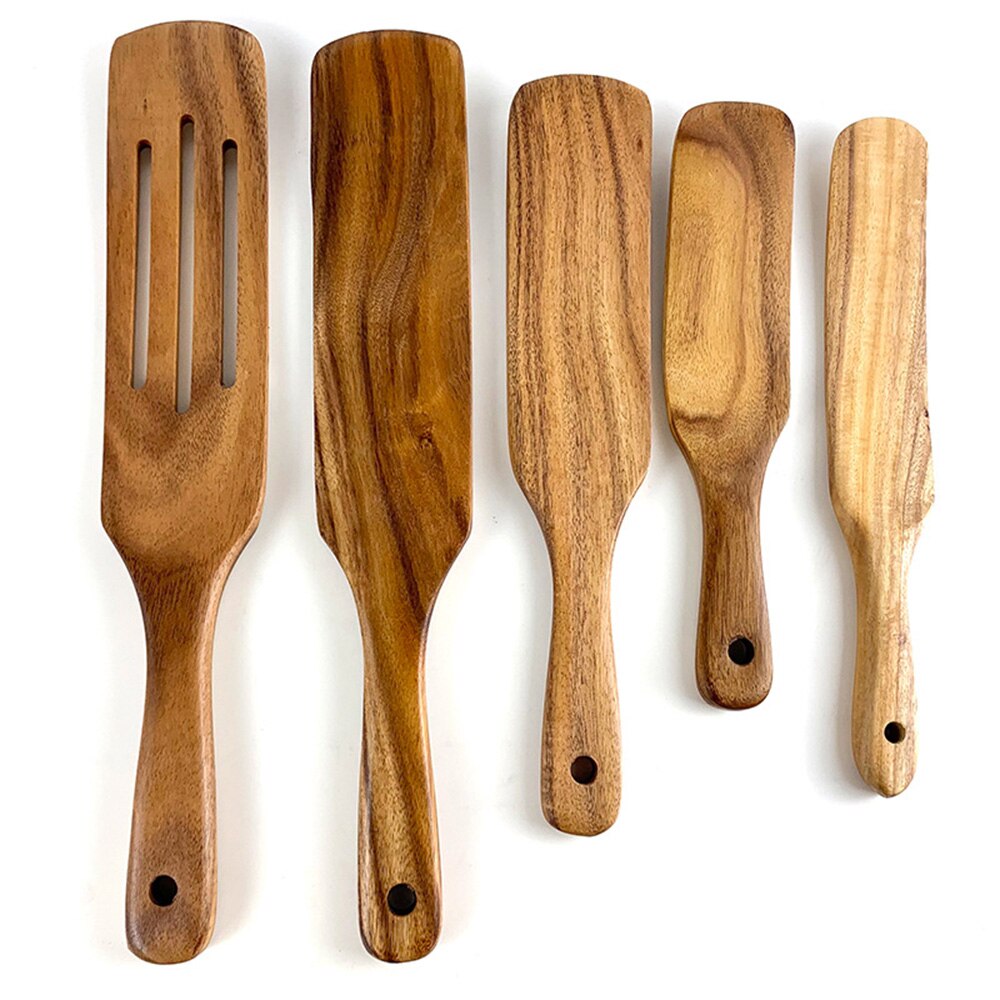 Non-Stick Wooden Cooking Utensils Slotted Spatula Sets Wooden Kitchen Utensil Set Turner Spatula Acacia Spurtle Kitchen Sets: 5PCS